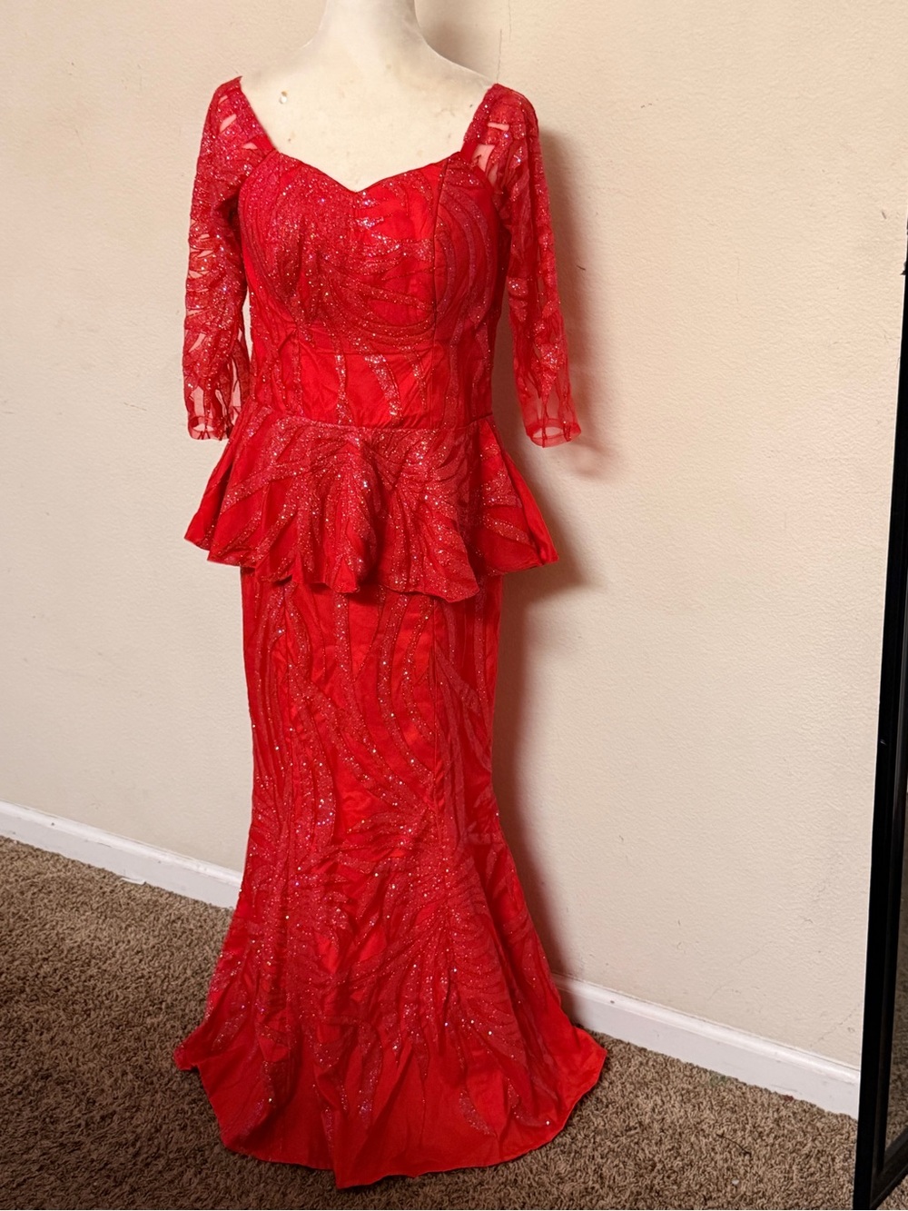 Red Sequin Traditional Set - Peplum Blouse + Mermaid Skirt - S - Handmade Aso Eb